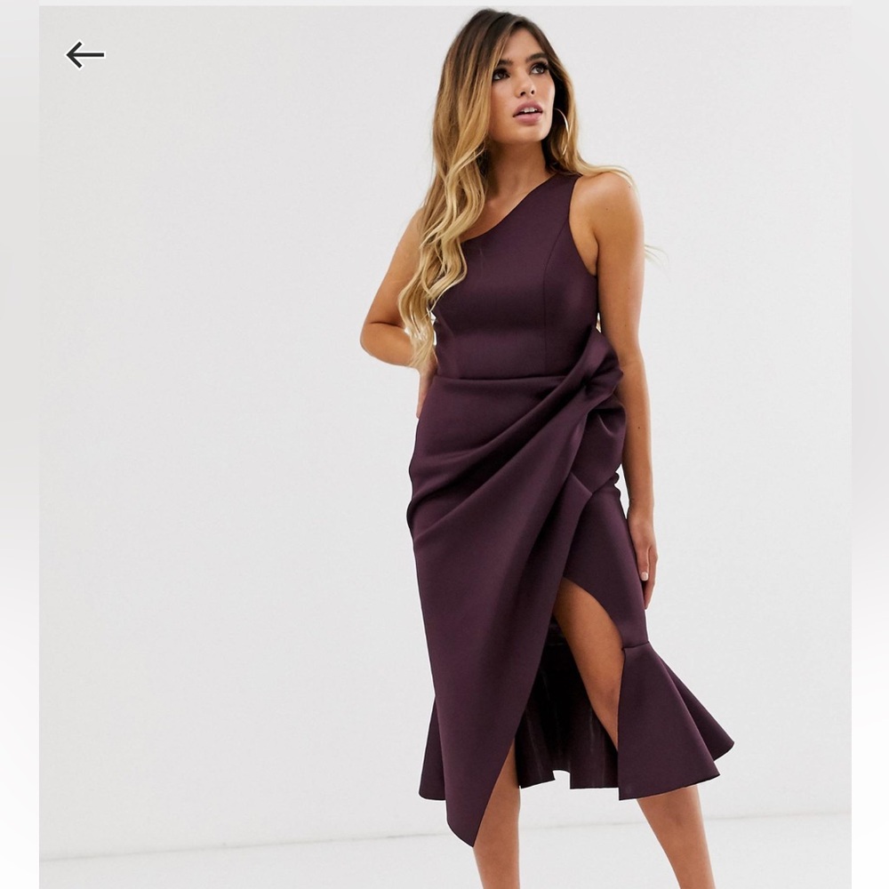 ASOS Purple Plum Scuba Dress One Shoulder Asymmetrical Midi Wedding Guest 0